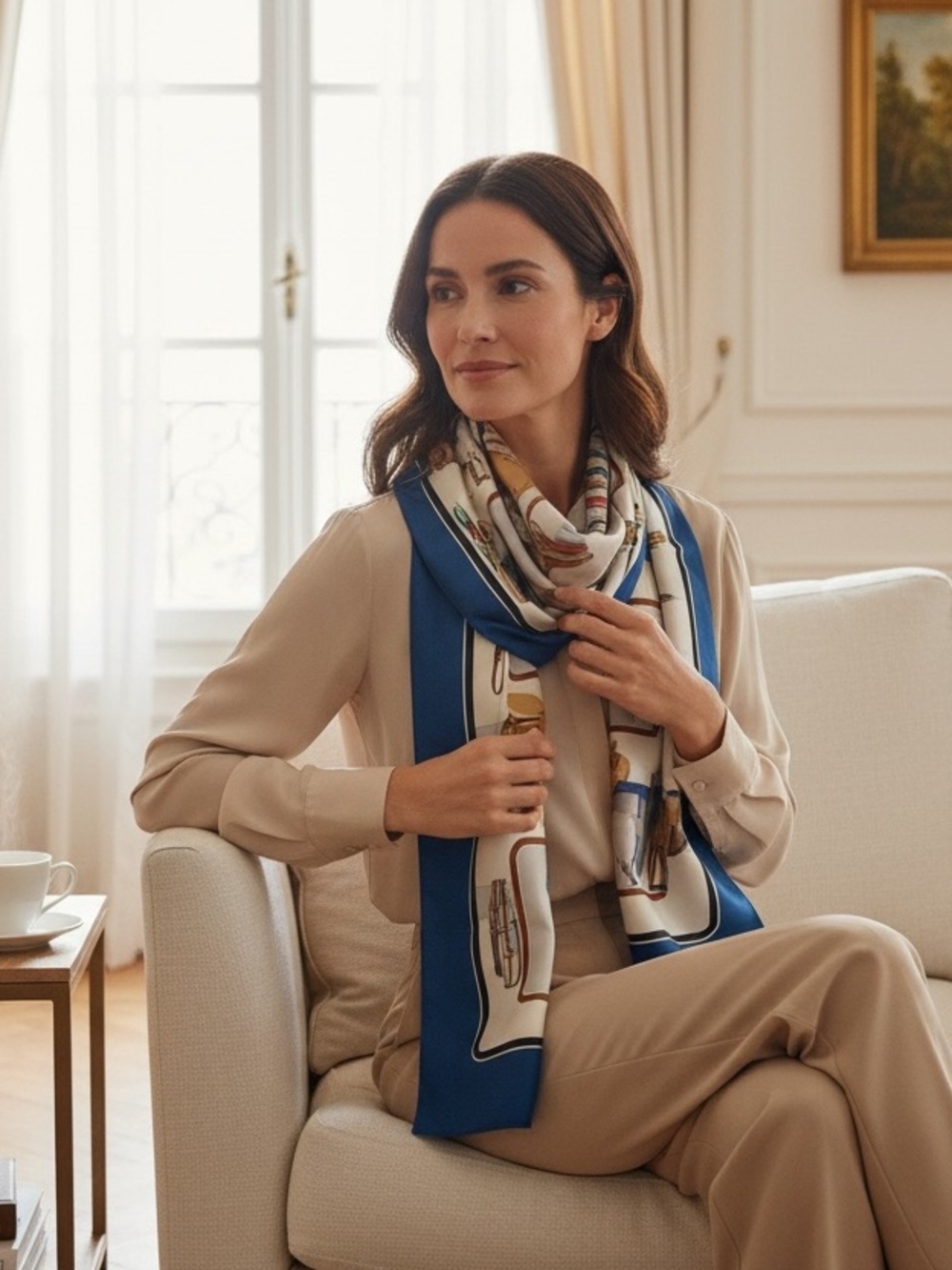Gucci Silk Equestrian Scarf in Blue and Cream with Multi-Color Accents - Picture 2 of 6